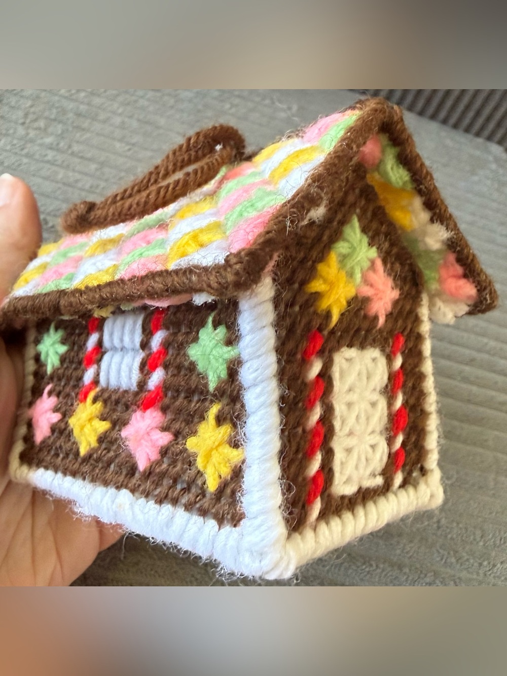 Brown Handmade Crochet Holiday House Christmas Ornament with Pastel Accents
